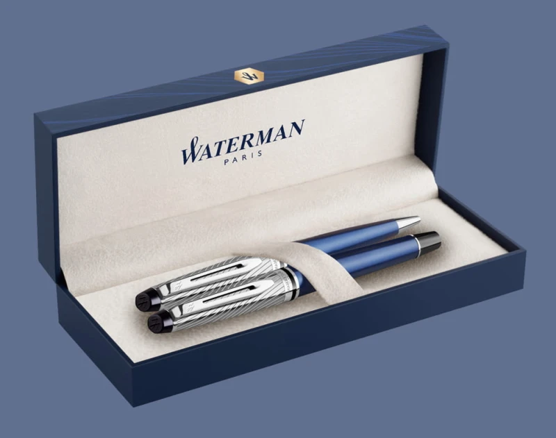 Zestaw Piśmienny Waterman Pióro wieczne + Długopis Waterman Expert Deluxe Metalic Niebieski CT | Stalówka F + BOX Premium