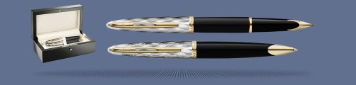 Zestaw Piśmienny Waterman Pióro wieczne + Długopis Waterman Carène Reflets De Paris GT + Wood Box Black | Stalówka F  - 2200944_2200946