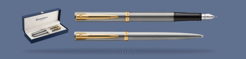 Zestaw Pióro wieczne + Długopis Waterman Impression Stalowy GT + Box Premium | Stalówka F - 2225493_2225495