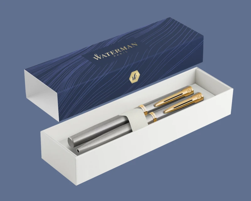 Zestaw Pióro wieczne + Długopis Waterman Impression Stalowy GT + Box Standard | Stalówka F - 2225493_2225495