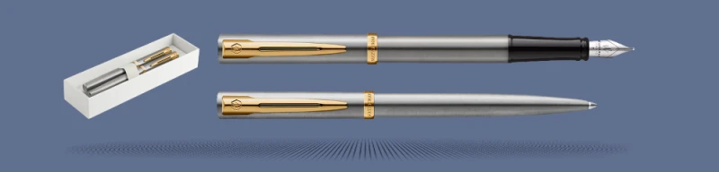 Zestaw Pióro wieczne + Długopis Waterman Impression Stalowy GT + Box Standard | Stalówka F - 2225493_2225495