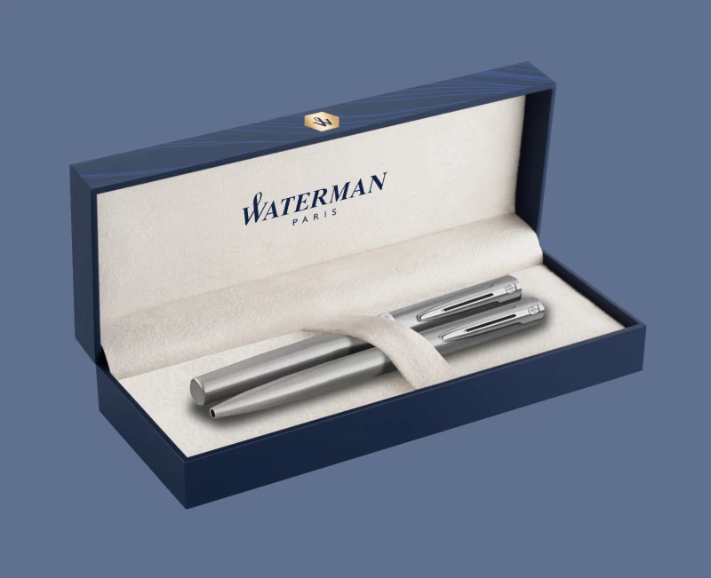 Zestaw Pióro wieczne + Długopis Waterman Impression Stalowy CT + Box Premium | Stalówka F - 2225450_2225492