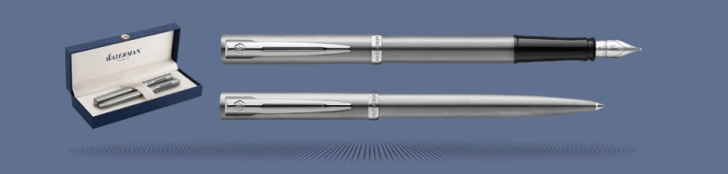 Zestaw Pióro wieczne + Długopis Waterman Impression Stalowy CT + Box Premium | Stalówka F - 2225450_2225492