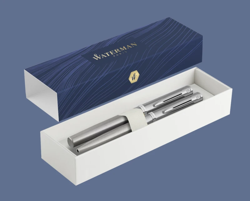 Zestaw Pióro wieczne + Długopis Waterman Impression Stalowy CT + Box Standard | Stalówka F - 2225450_2225492