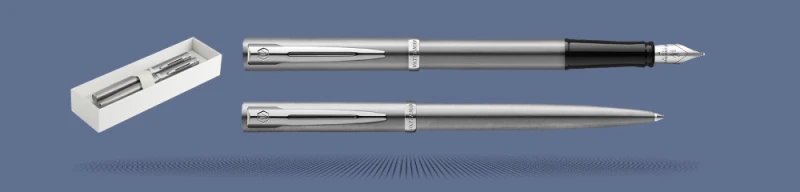 Zestaw Pióro wieczne + Długopis Waterman Impression Stalowy CT + Box Standard | Stalówka F - 2225450_2225492